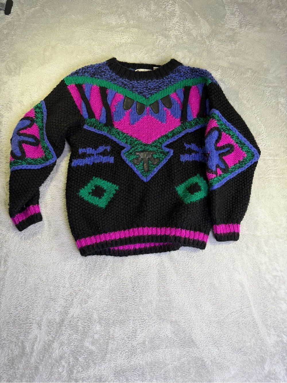 Vintage Novo Chunky Oversized Multicolor Patterned Women's Wool Blend Sweater S